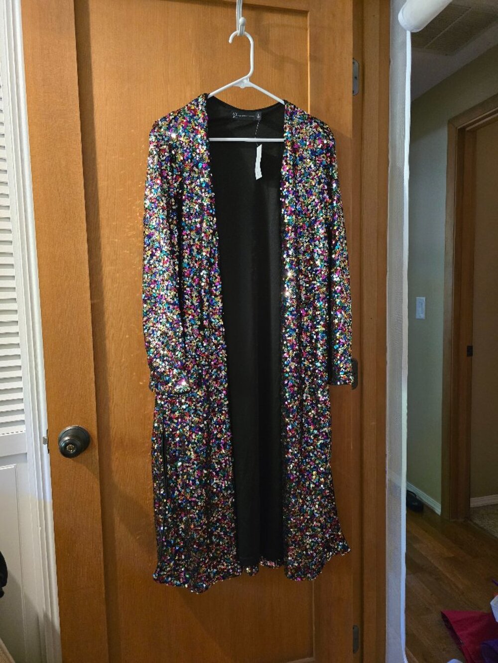 New York & Company Rainbow Sequin Open Front Duster Cardigan